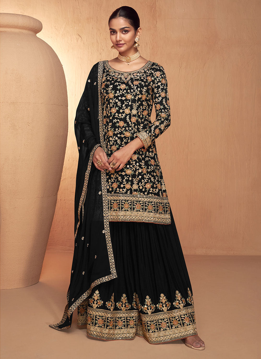 Black Chinon Salwar Suit With Embroidered Work For Ceremonial