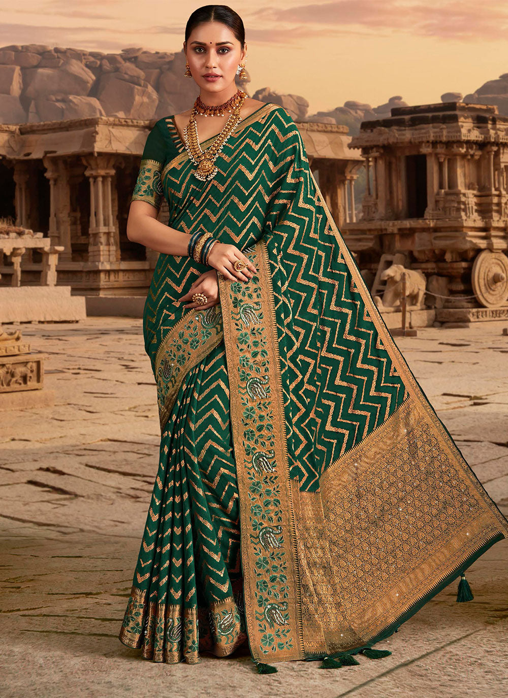 Green Georgette Embroidered And Weaving Work Contemporary Saree