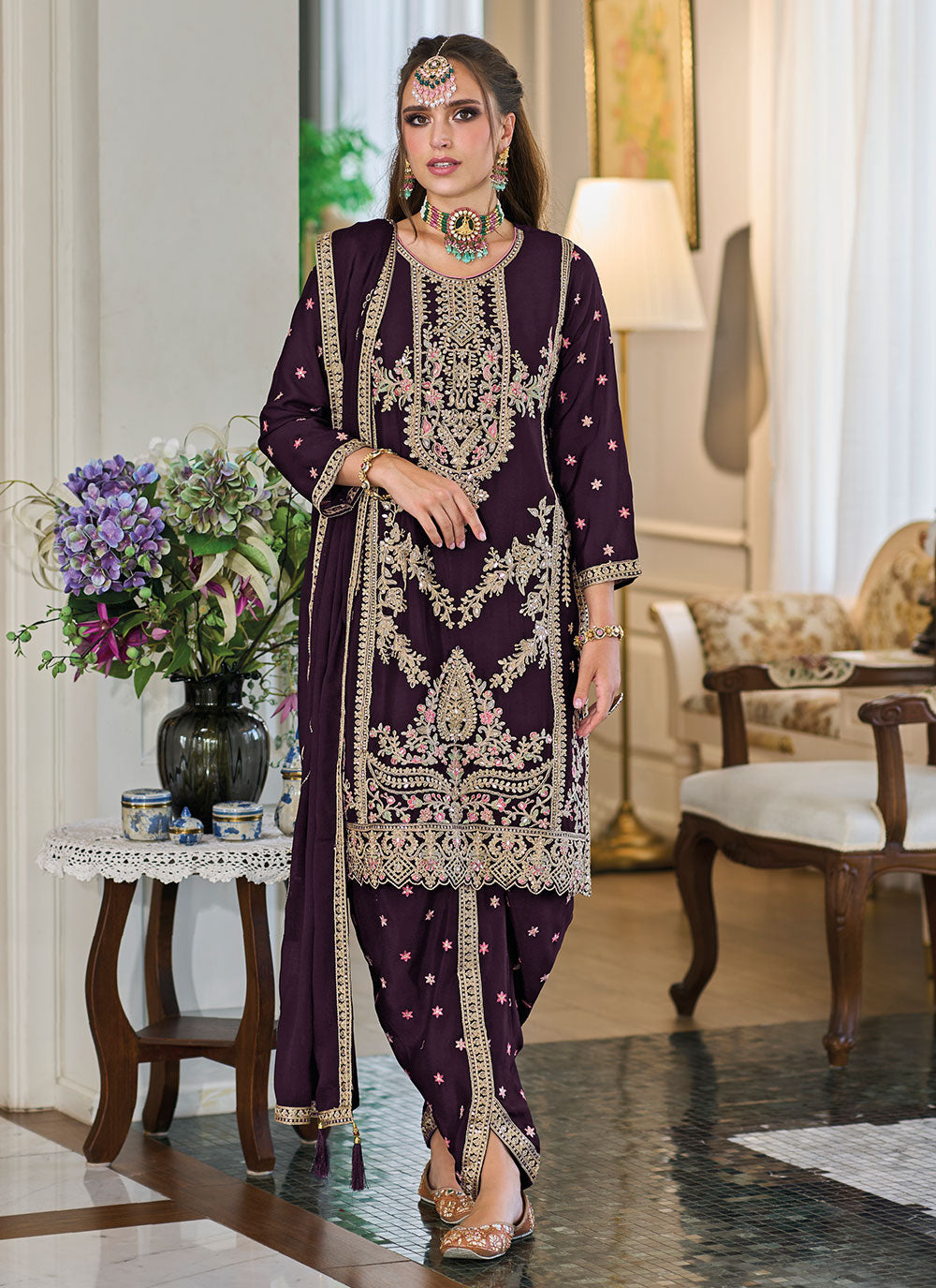 Wine Chinon Punjabi Salwar Suit With Embroidered, Mirror And Sequins Work