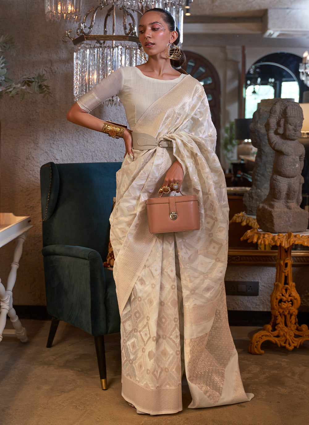 Patola Silk Trendy Saree In Off White