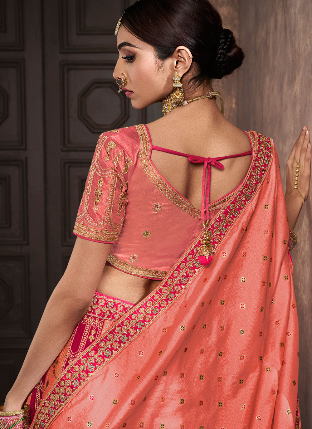 Peach And Pink Cut, Embroidered, Patch Border And Sequins Work Silk Lehenga Choli