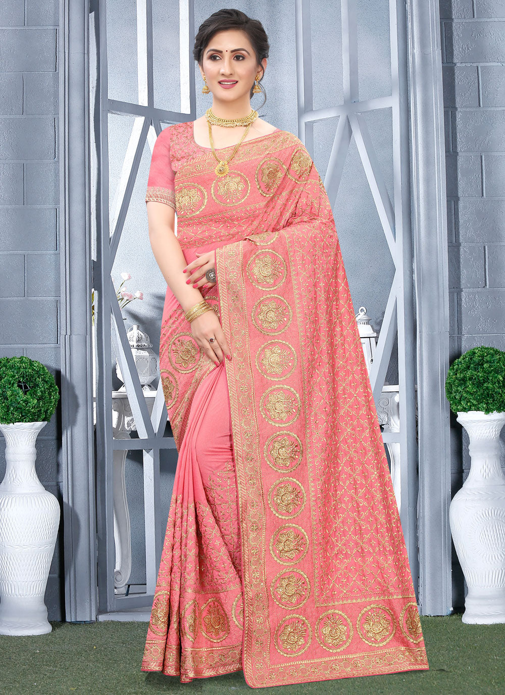 Peach Vichitra Silk Contemporary Sari