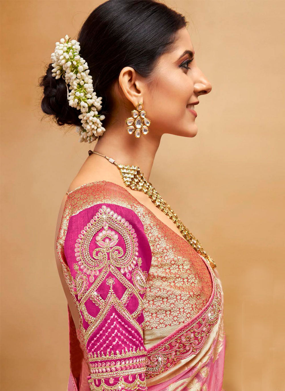 Pink Organza Trendy Saree With Patch Border And Weaving Work