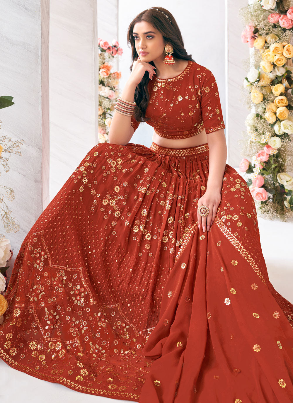 Staring Brown Georgette Readymade Lehenga Choli With Embroidered, Resham And Sequins Work
