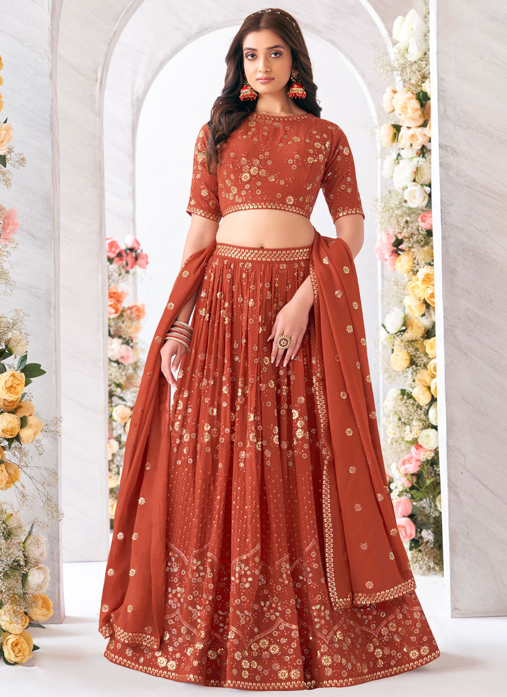 Staring Brown Georgette Readymade Lehenga Choli With Embroidered, Resham And Sequins Work