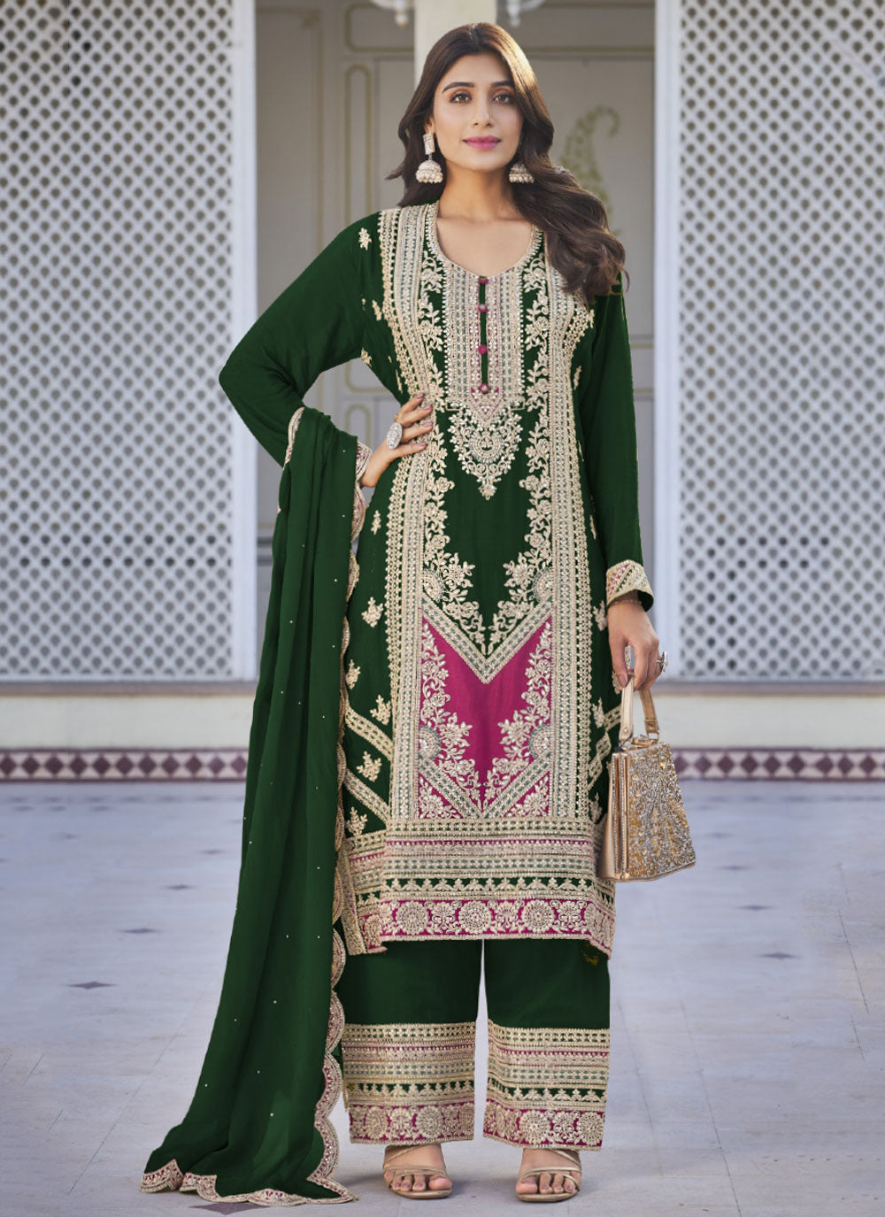Green Chinon Embroidered And Sequins Work Salwar Suit