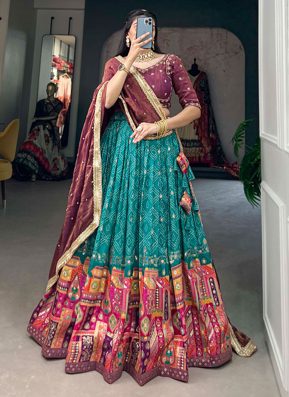 Flawless Firozi Jacquard Silk Lehenga Choli With Bandhej And Weaving Work