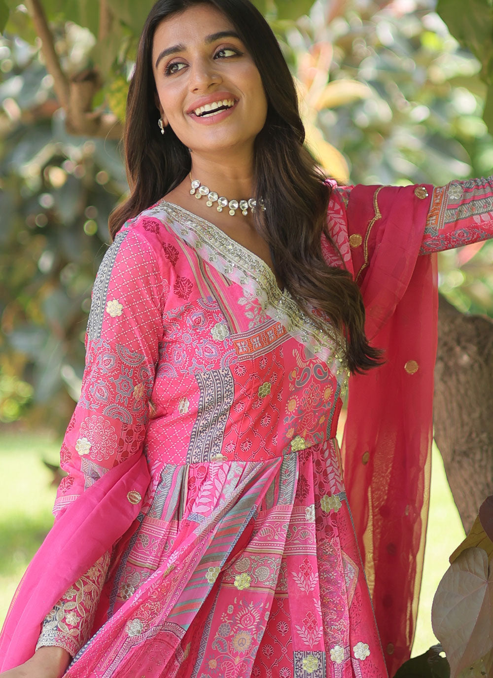 Pink Silk Digital Print And Embroidered Work Designer Gown For Ceremonial