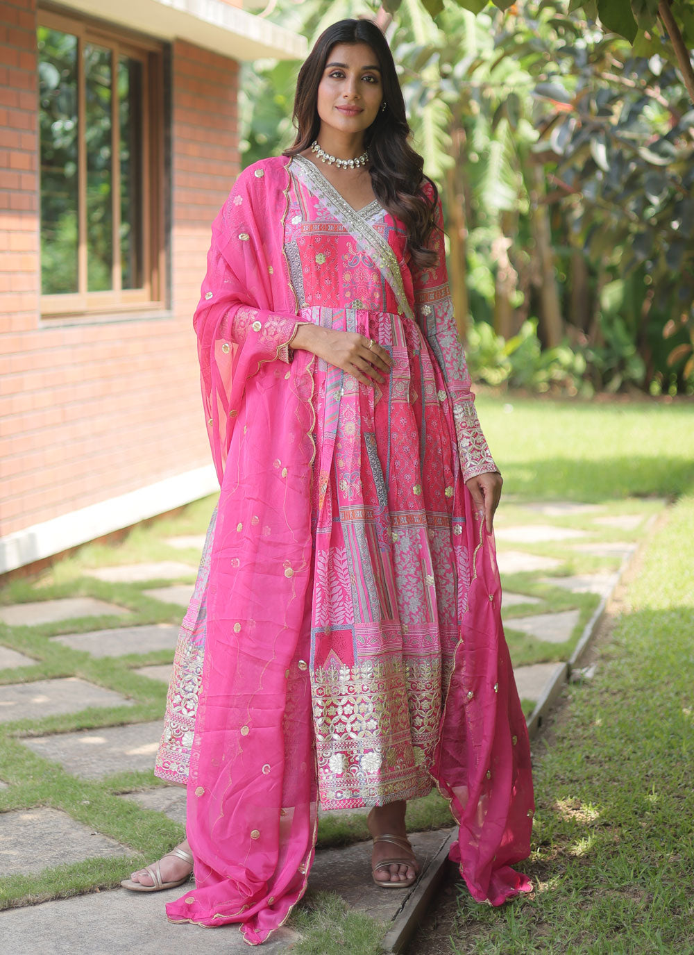 Pink Silk Digital Print And Embroidered Work Designer Gown For Ceremonial