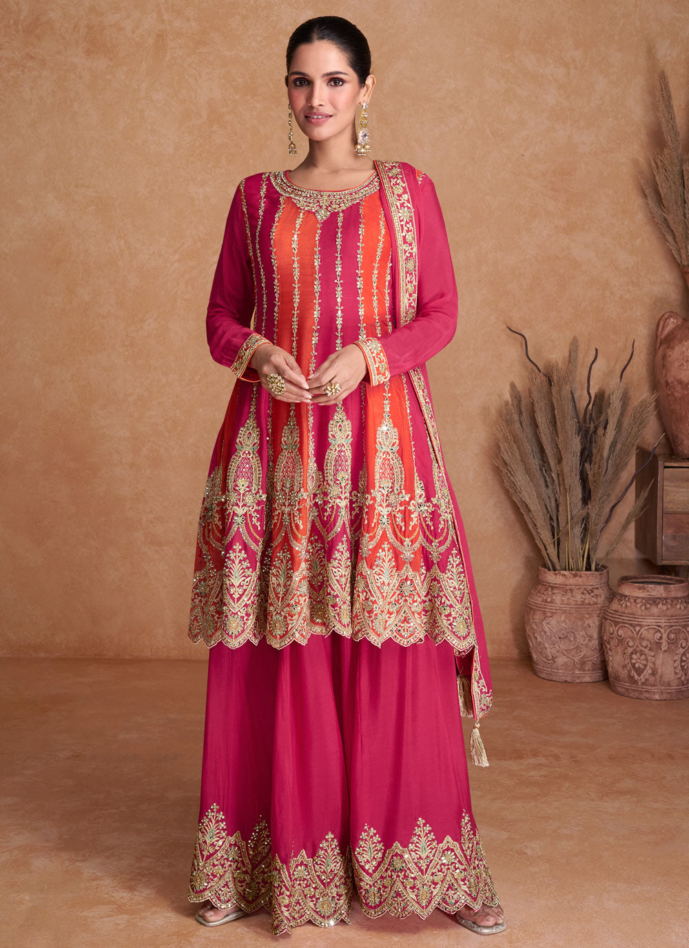 Embroidered, Mirror And Sequins Work Chinon Readymade Salwar Suit In Pink