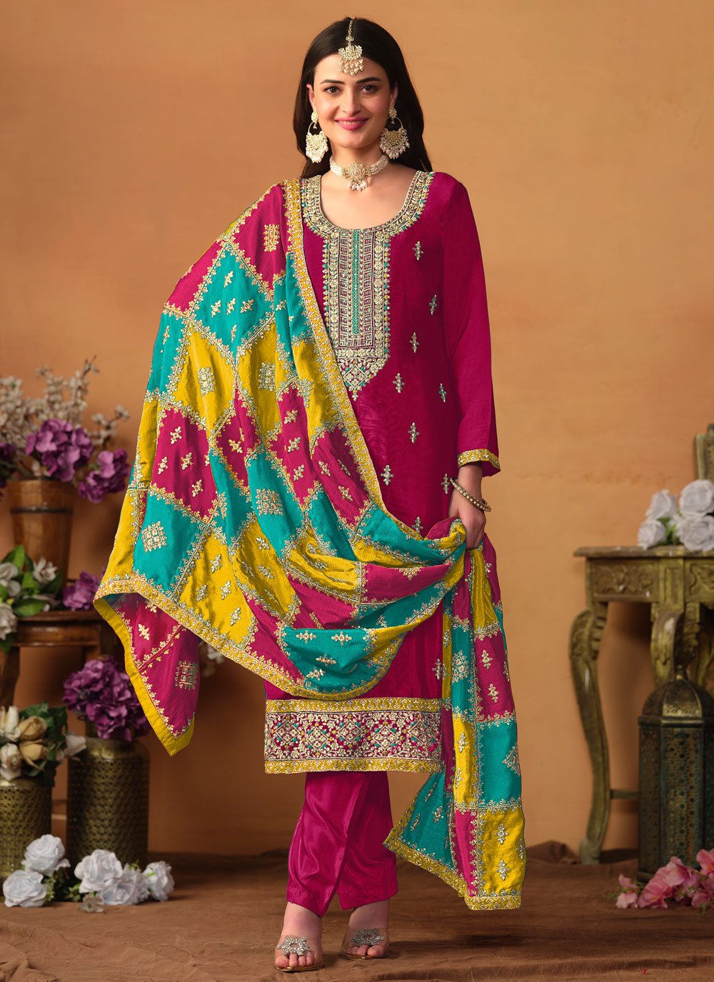 Pink Chinon Salwar Suit With Embroidered And Sequins Work