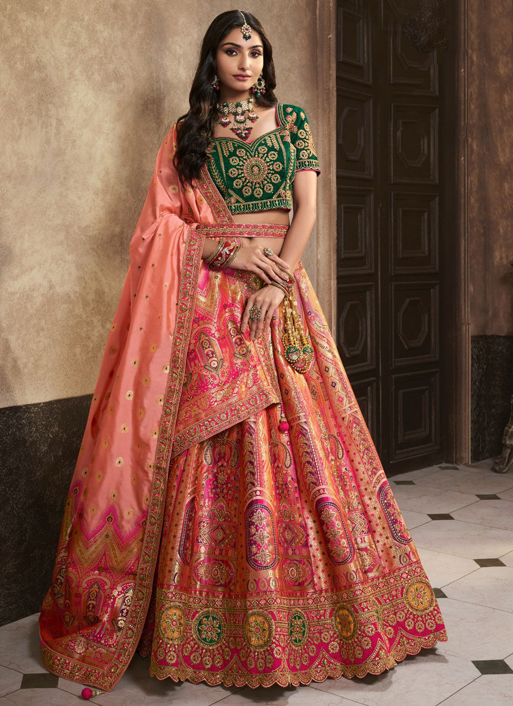 Diamond And Embroidered Work Banarasi Silk A - Line Lehenga Choli In Pink