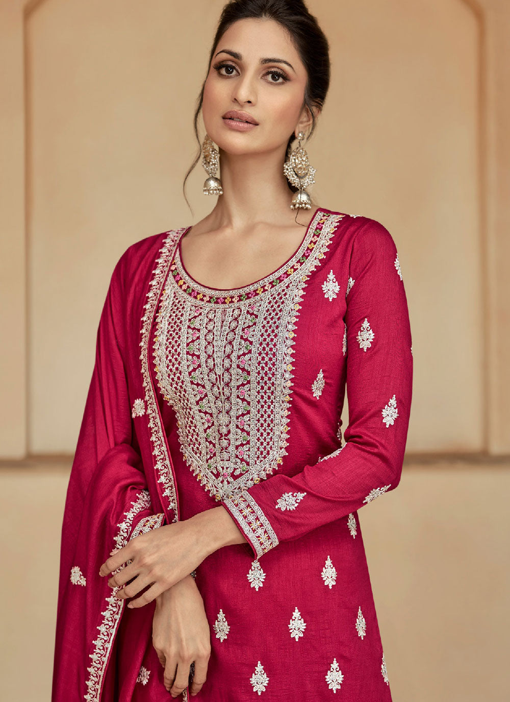 Silk Palazzo Salwar Suit With Embroidered Work