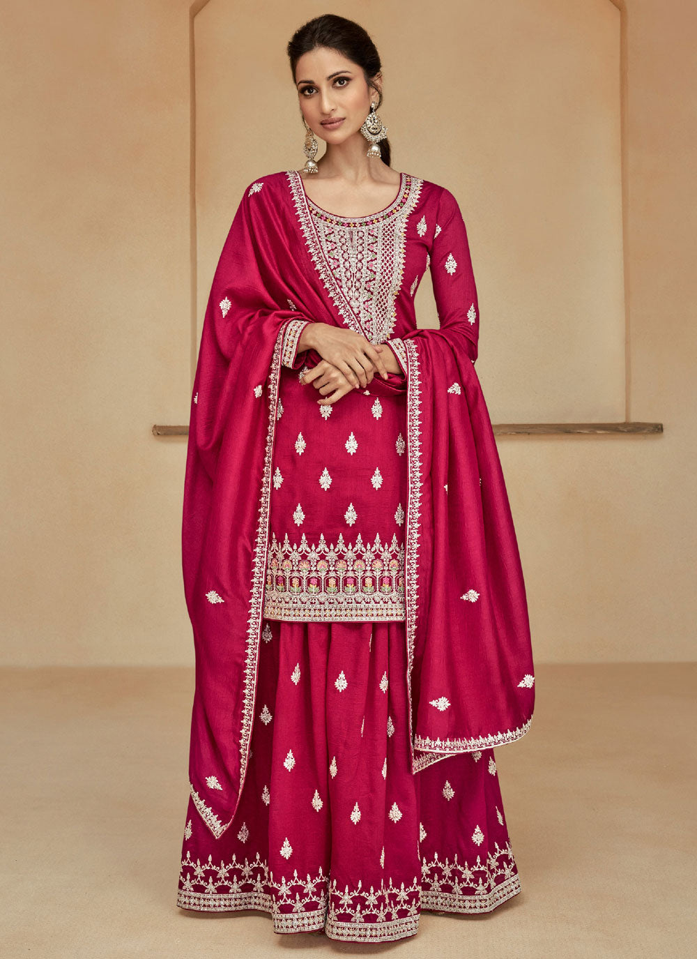 Silk Palazzo Salwar Suit With Embroidered Work