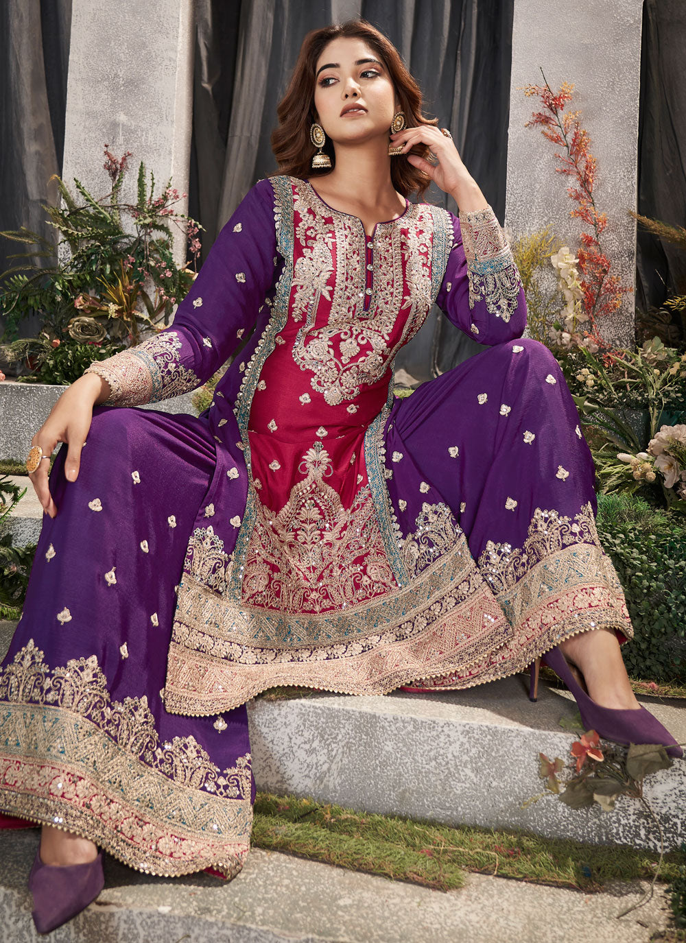 Embroidered And Mirror Work Chinon Readymade Salwar Suit In Pink