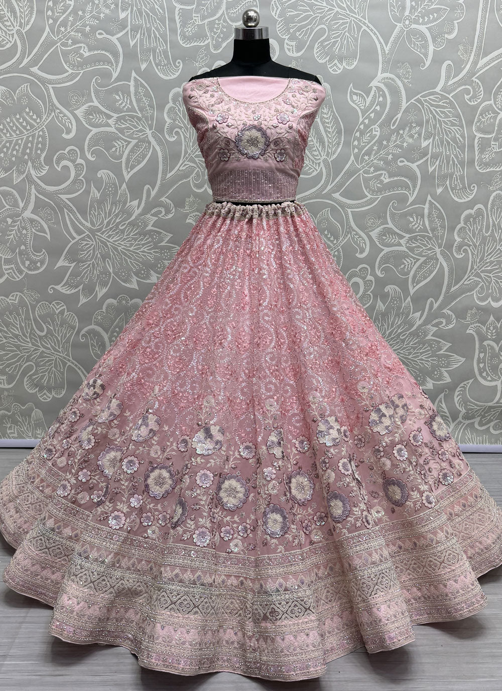 Pink Net Diamond, Dori, Embroidered, Sequins And Thread Work Lehenga Choli