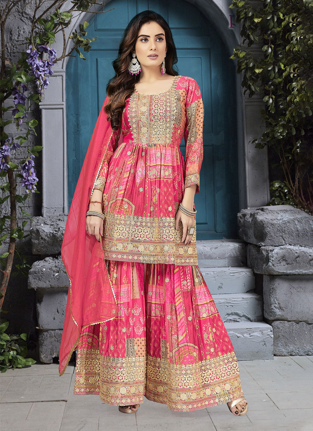 Silk Embroidered Work Palazzo Salwar Suit In Pink