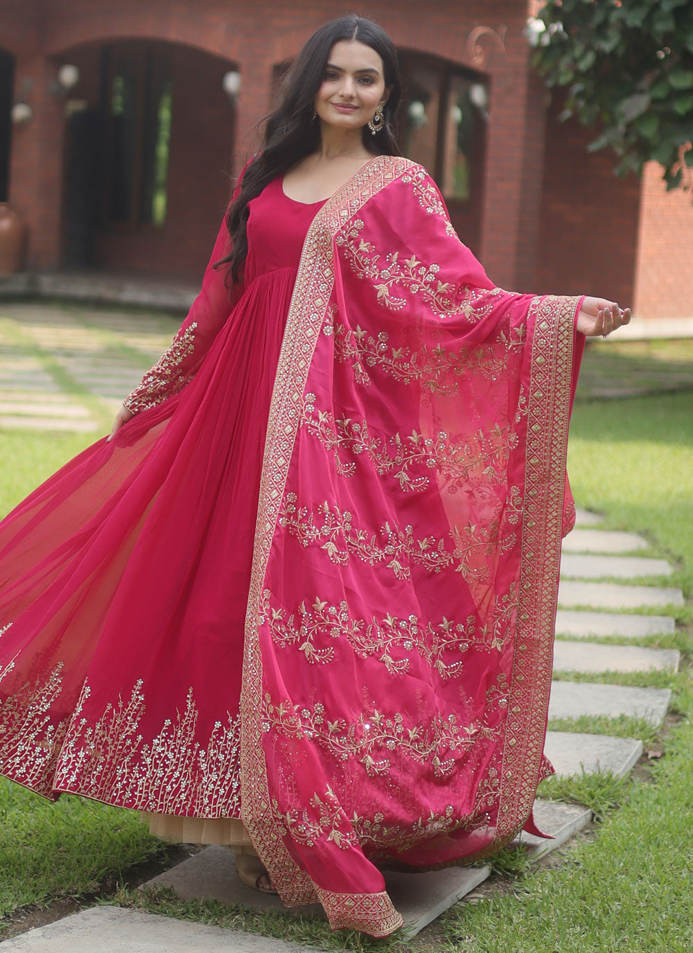 Faux Georgette Indian Gown In Pink
