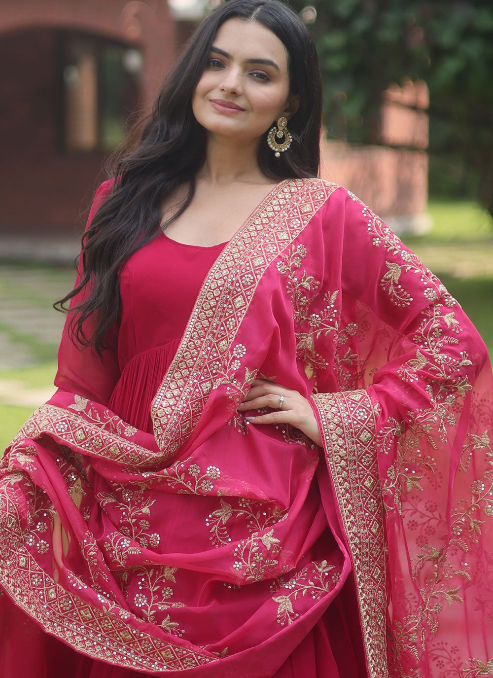 Faux Georgette Indian Gown In Pink