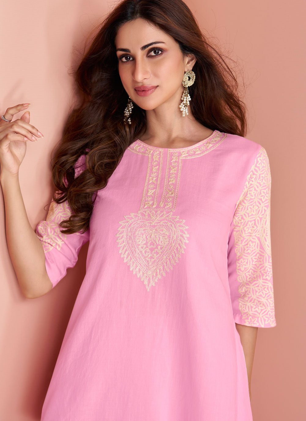 Pink Embroidered And Sequins Work Cotton Silk Party Wear Kurti