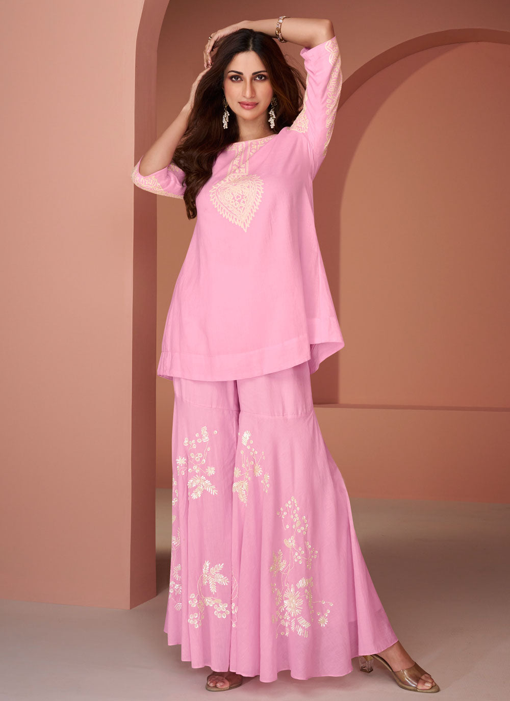 Pink Embroidered And Sequins Work Cotton Silk Party Wear Kurti