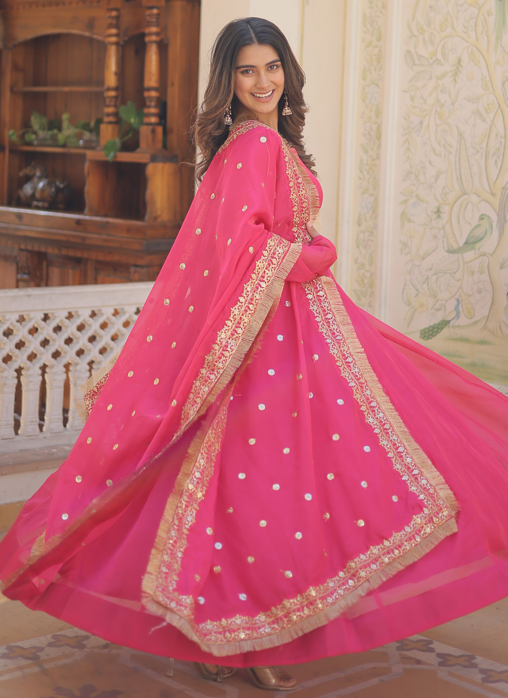 Pink Plain Work Silk Designer Gown