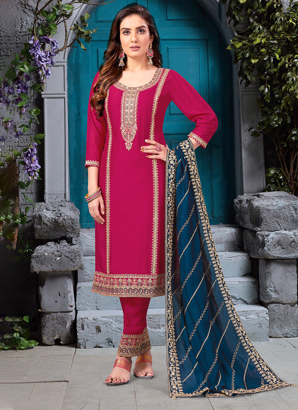 Pink Silk Embroidered Work Salwar Suit For Women