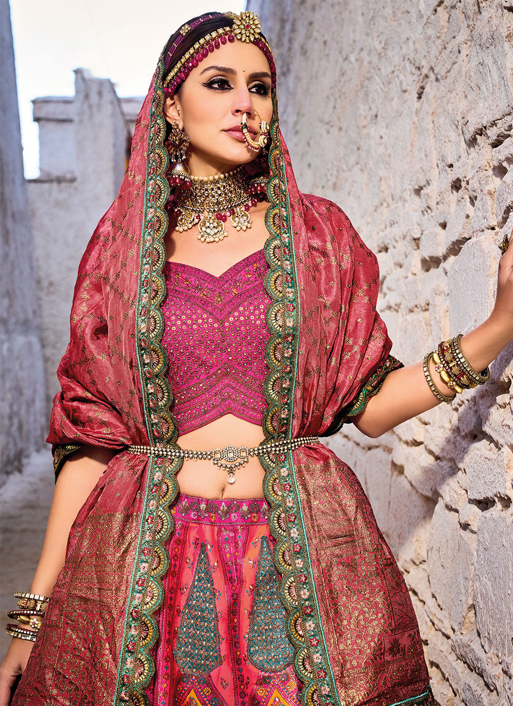 Pink Banarasi Silk A - Line Lehenga Choli For Mehndi