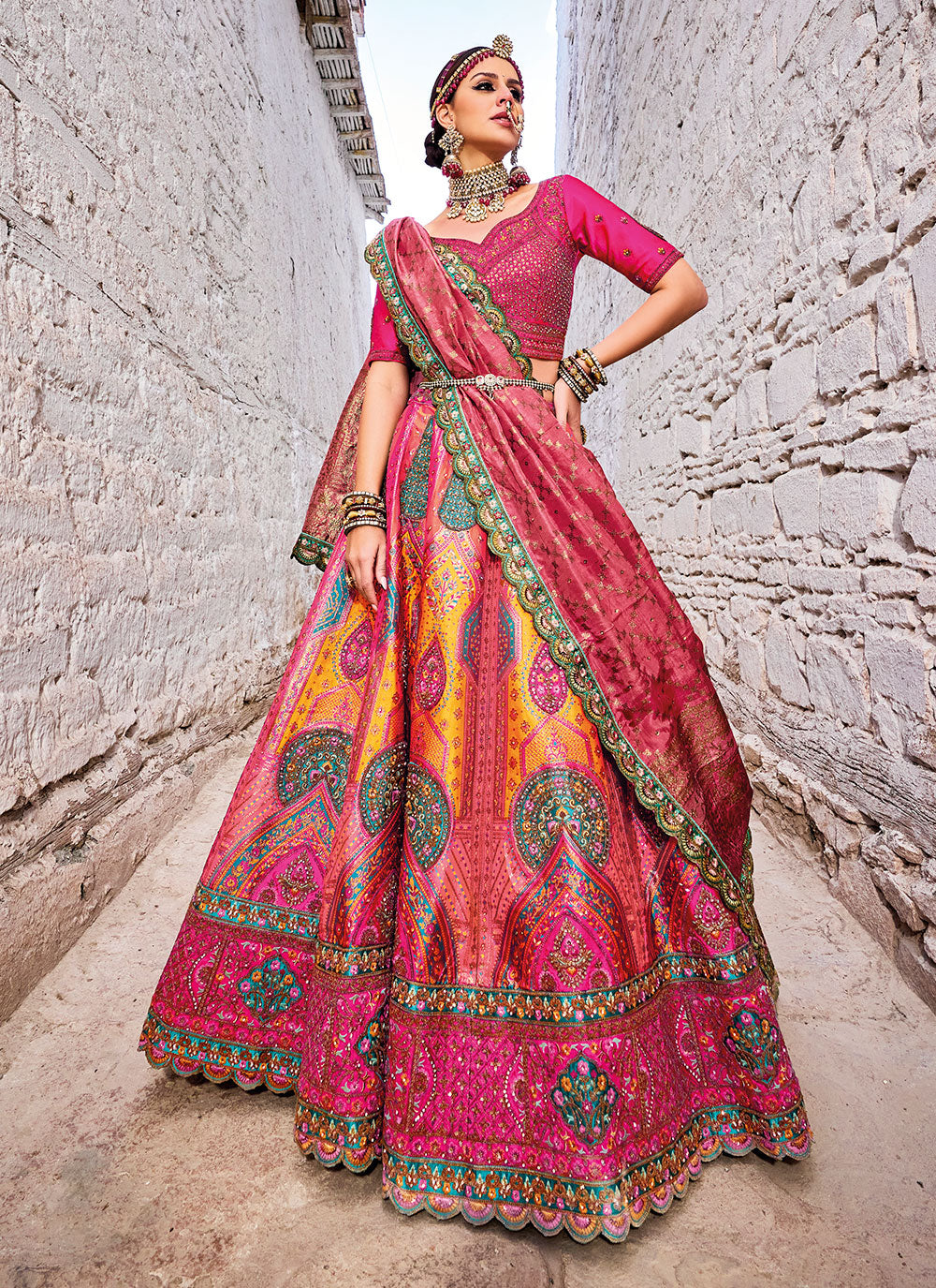 Pink Banarasi Silk A - Line Lehenga Choli For Mehndi