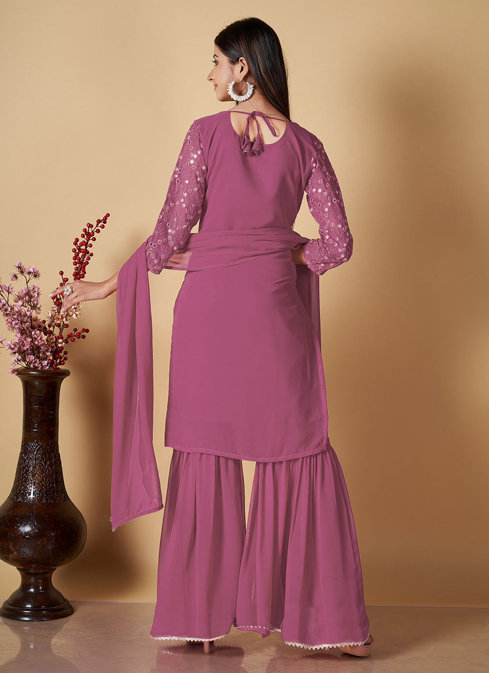 Pink Sequins Georgette Readymade Salwar Kameez