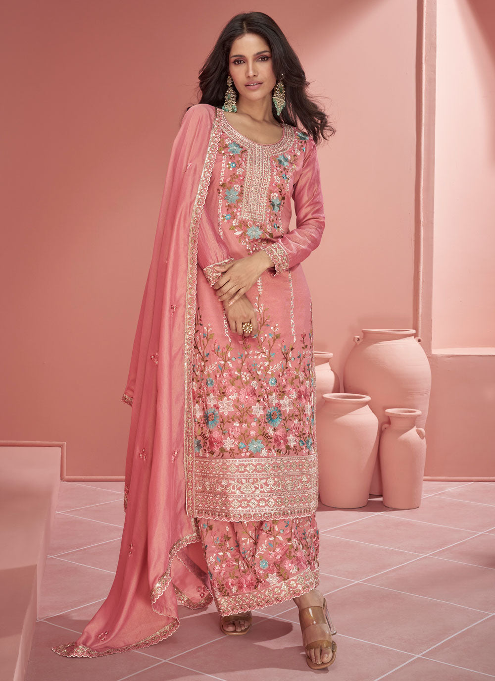 Pink Organza Salwar Suit With Embroidered Work