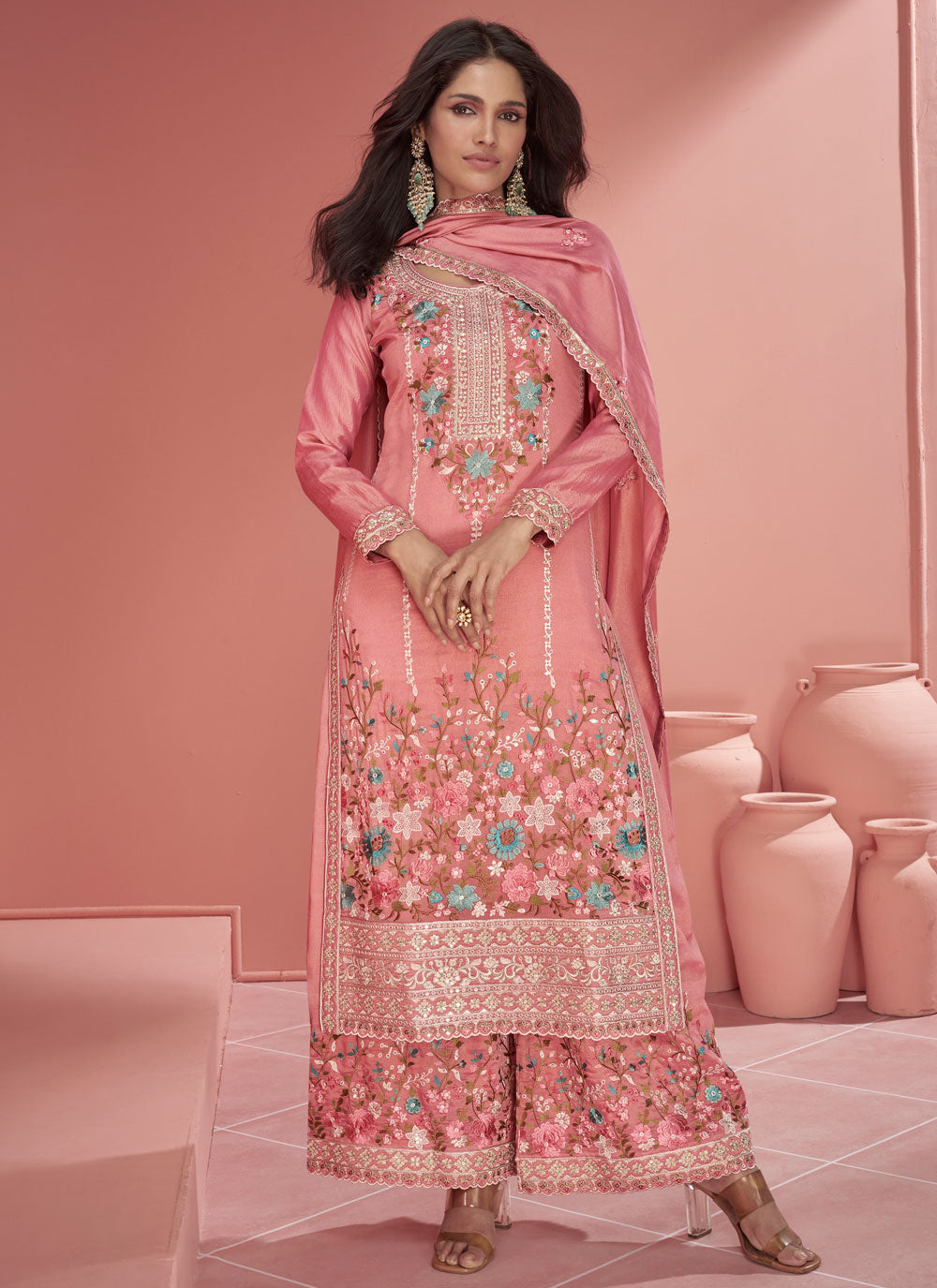 Pink Organza Salwar Suit With Embroidered Work