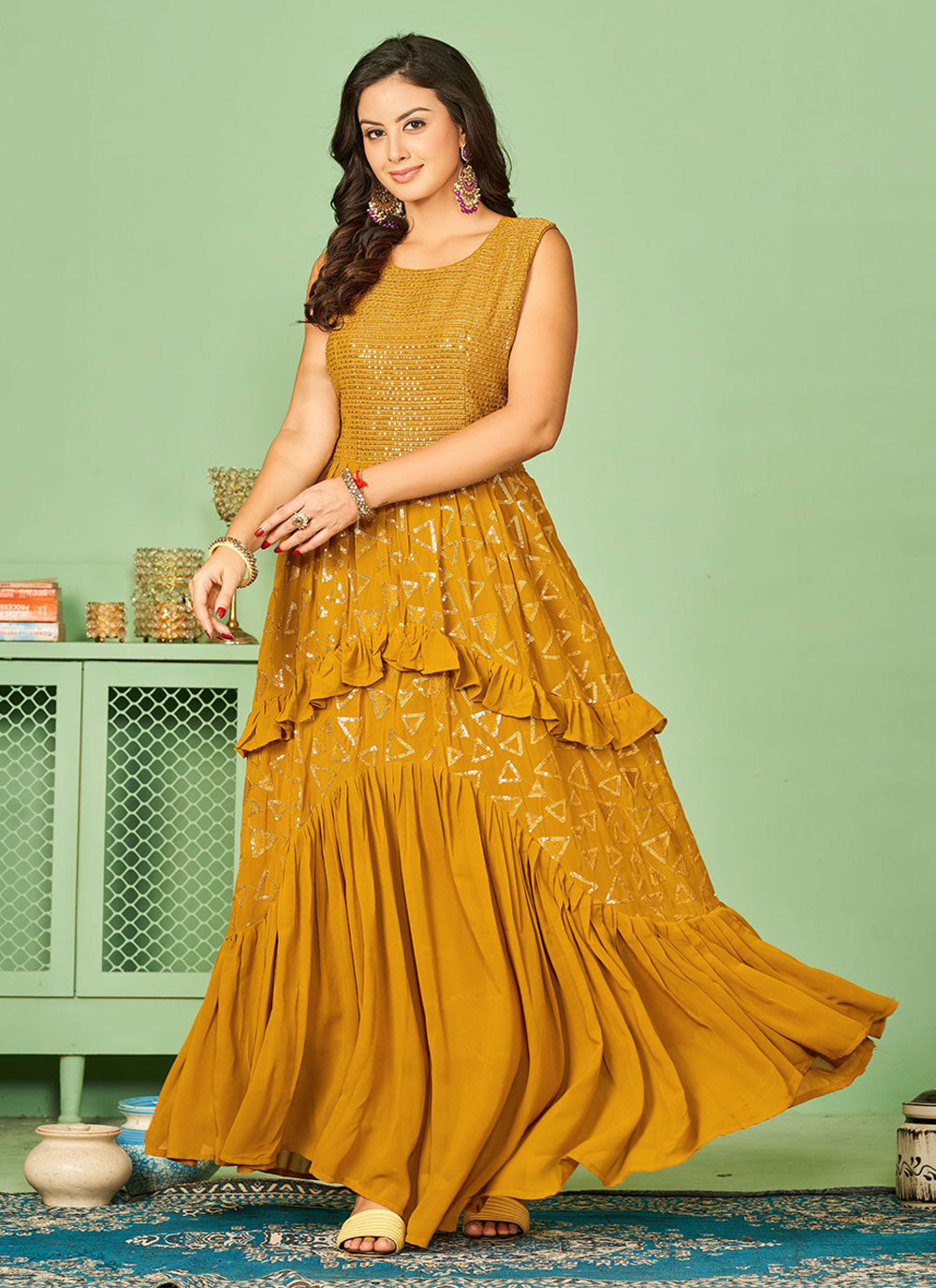Embroidered And Sequins Work Georgette Designer Gown In Mustard