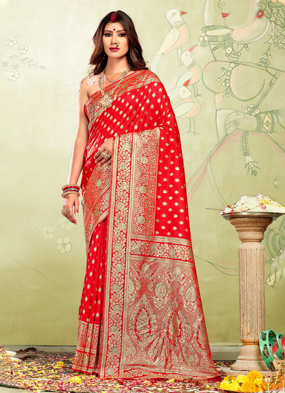 Red Weaving Traditional Saree