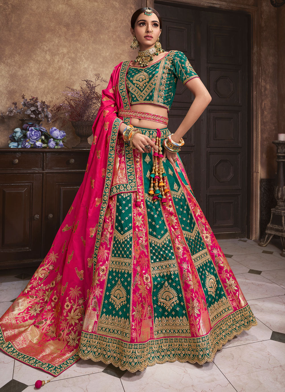 Cut, Embroidered, Patch Border And Sequins Work Silk A - Line Lehenga Choli In Pink And Rama