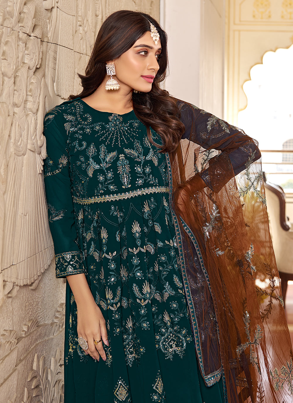 Faux Georgette Designer Gown In Rama For Engagement