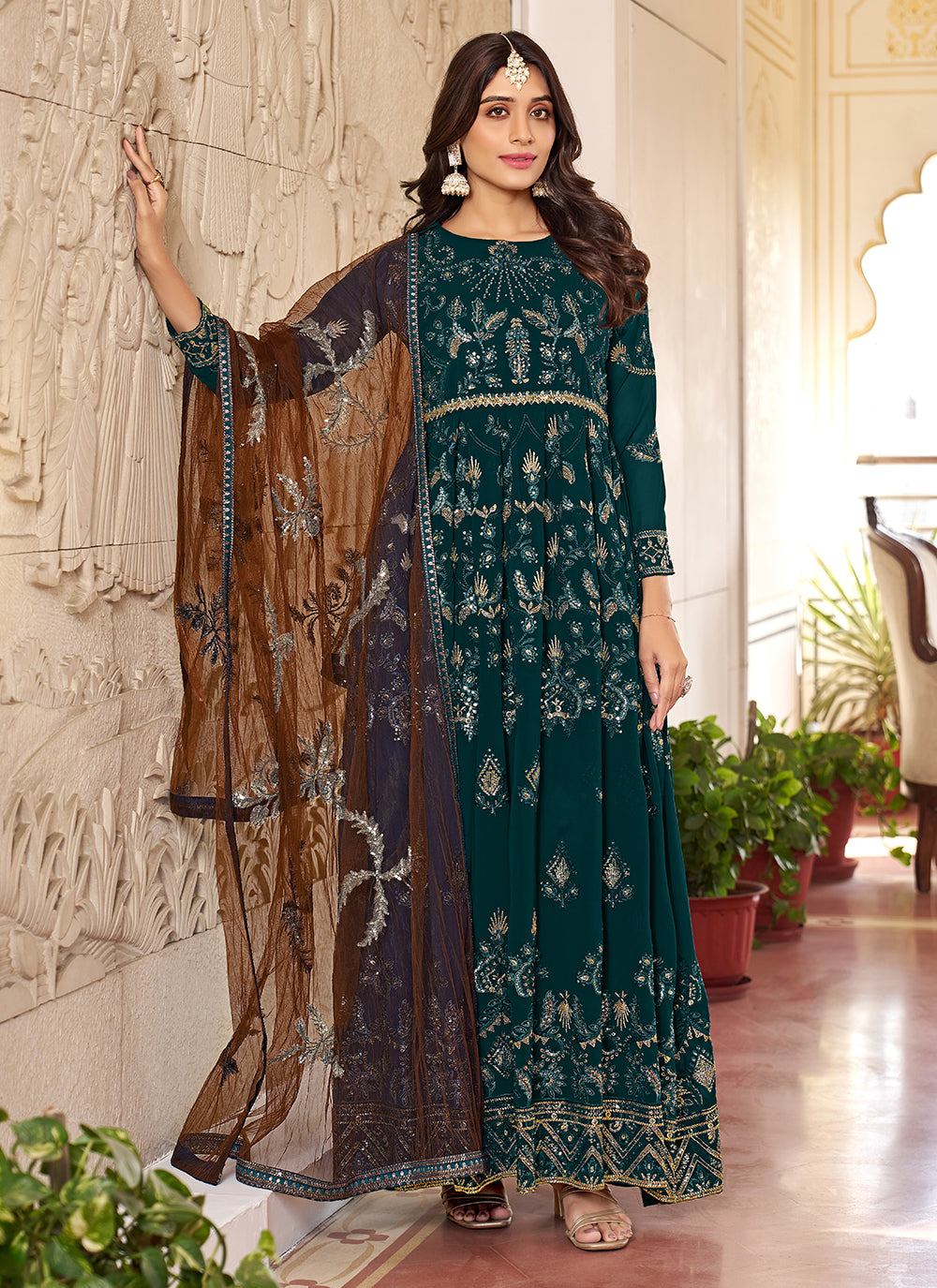Faux Georgette Designer Gown In Rama For Engagement