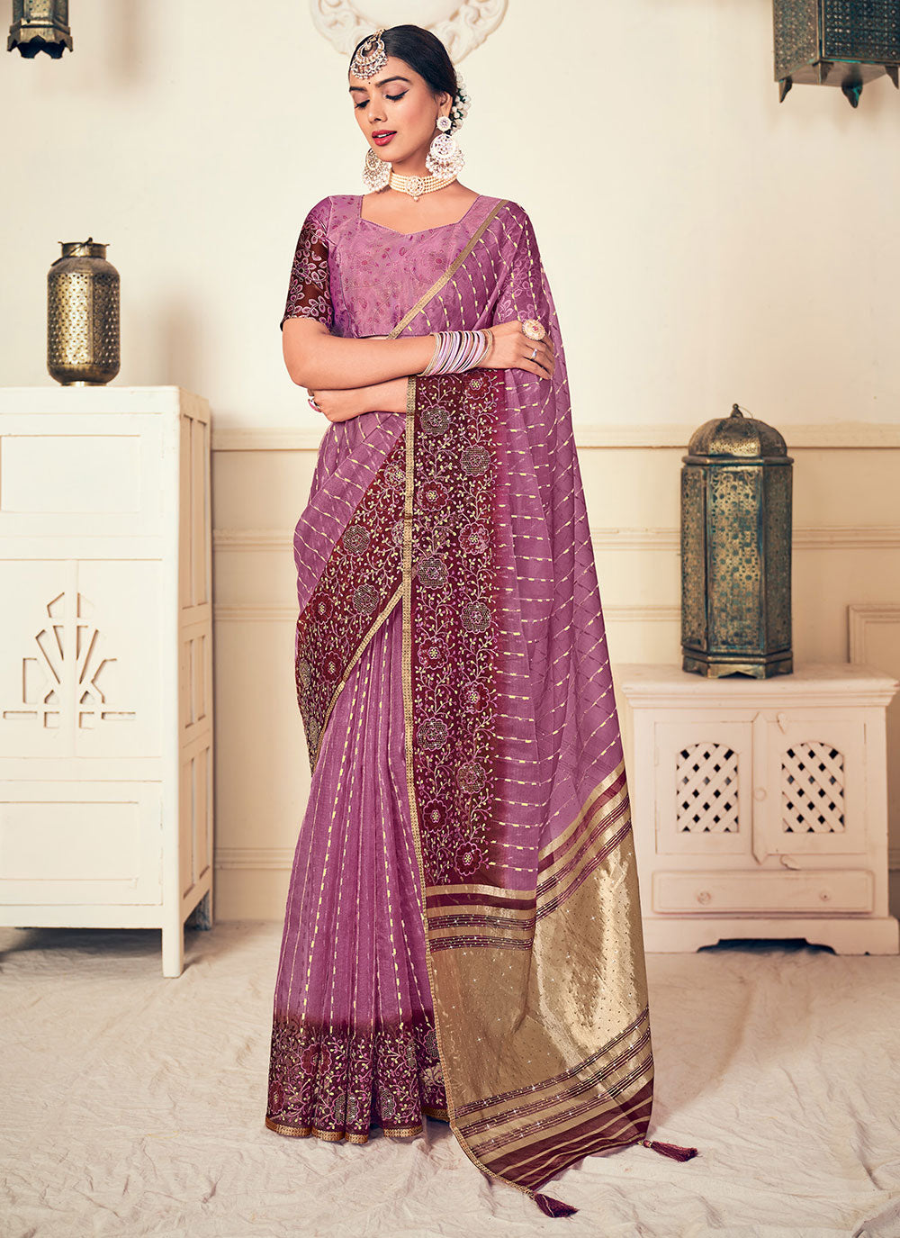 Purple Silk Embroidered And Woven Work Contemporary Sari