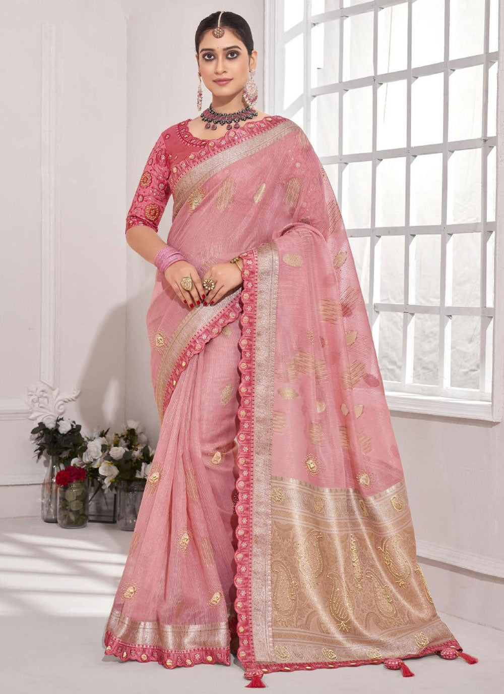 Weaving Work Art Silk Contemporary Saree In Pink