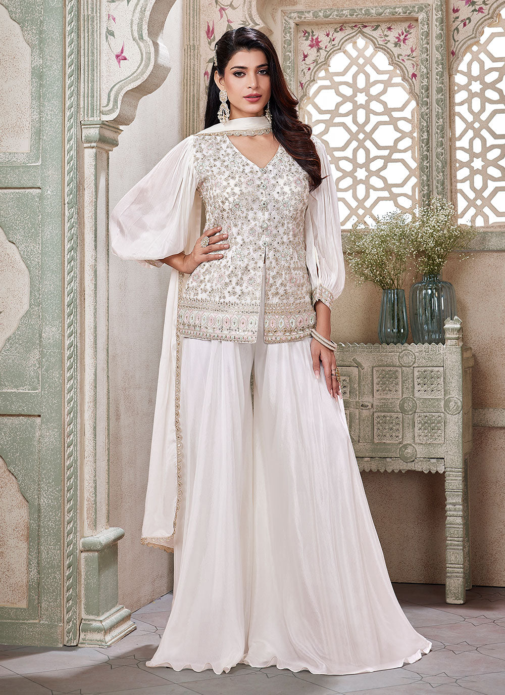 White Georgette Embroidered Work Palazzo Salwar Suit For Ceremonial