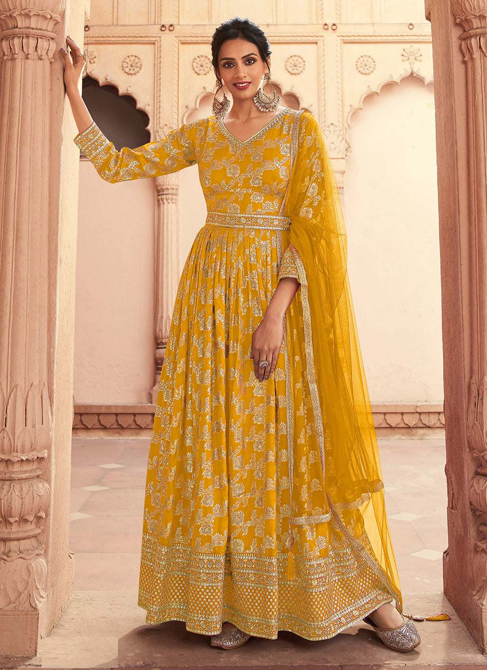 Yellow Jacquard Work Silk Trendy Anarkali Salwar Kameez