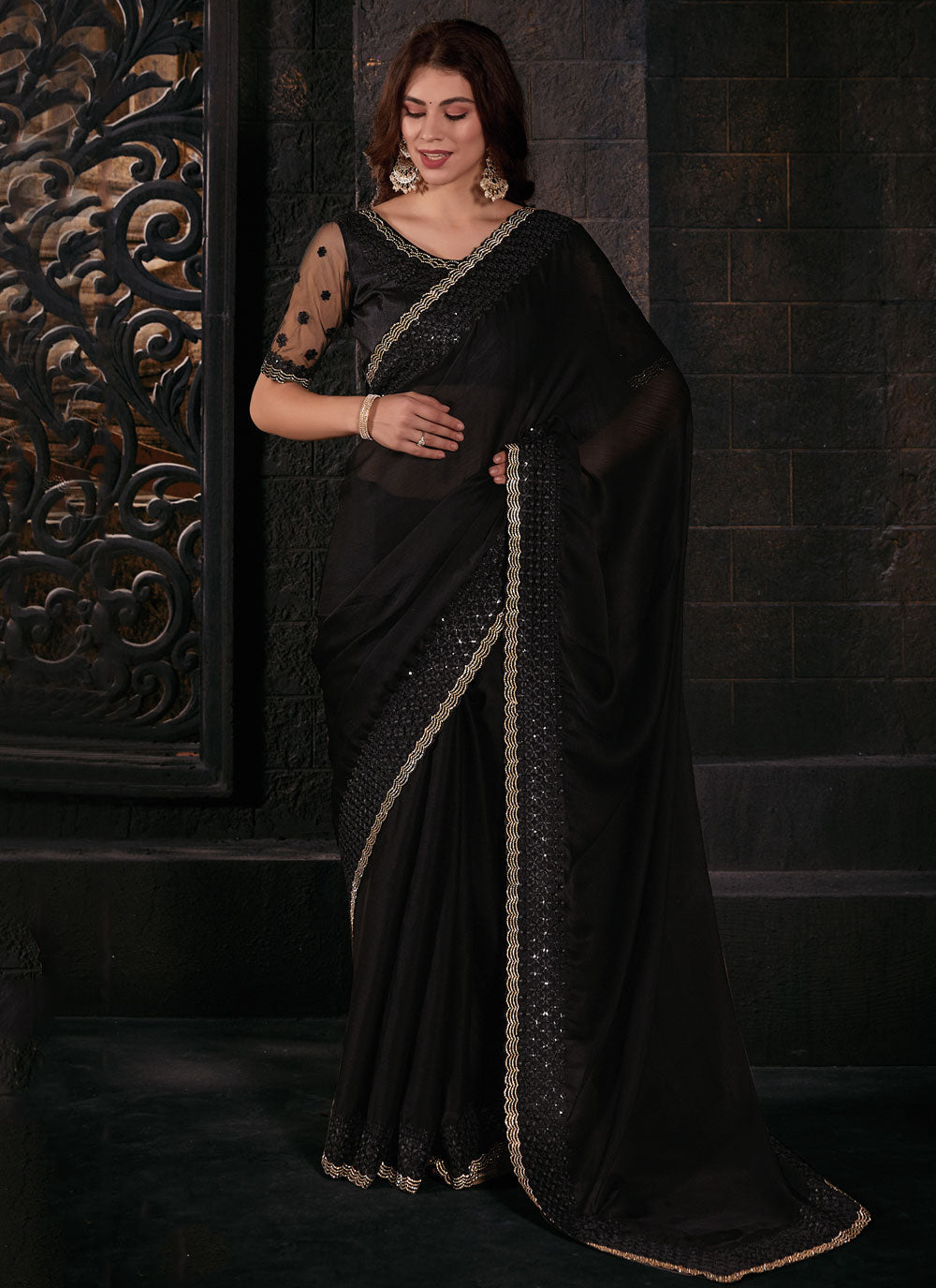 Black Chiffon Satin Classic Saree With Patch Border, Embroidered And Sequins Work For Women