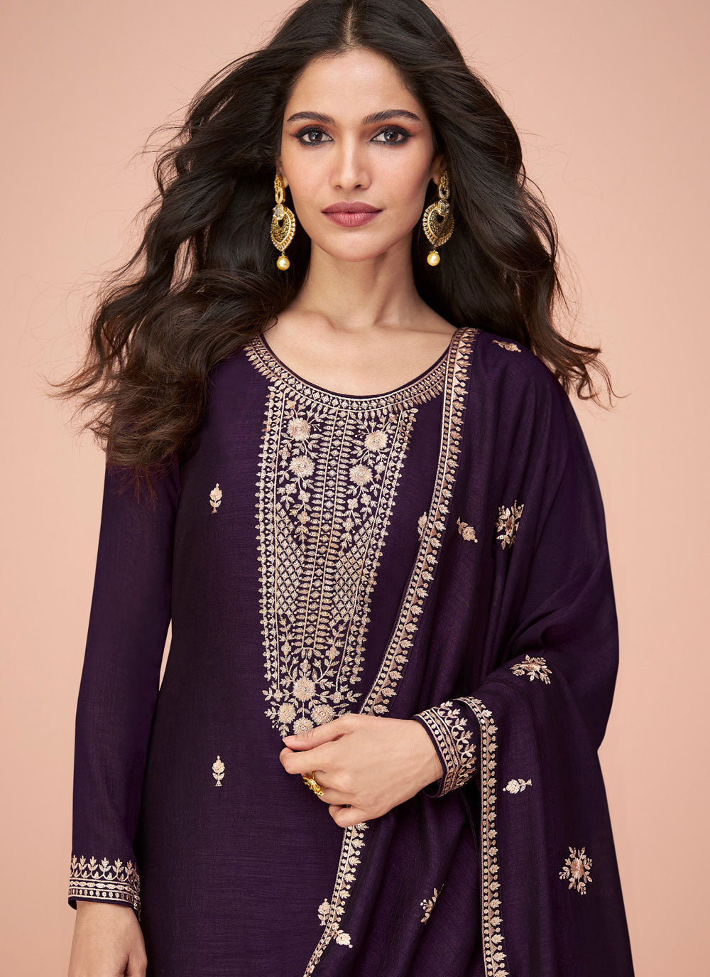 Purple Embroidered And Sequins Work Silk Salwar Suit