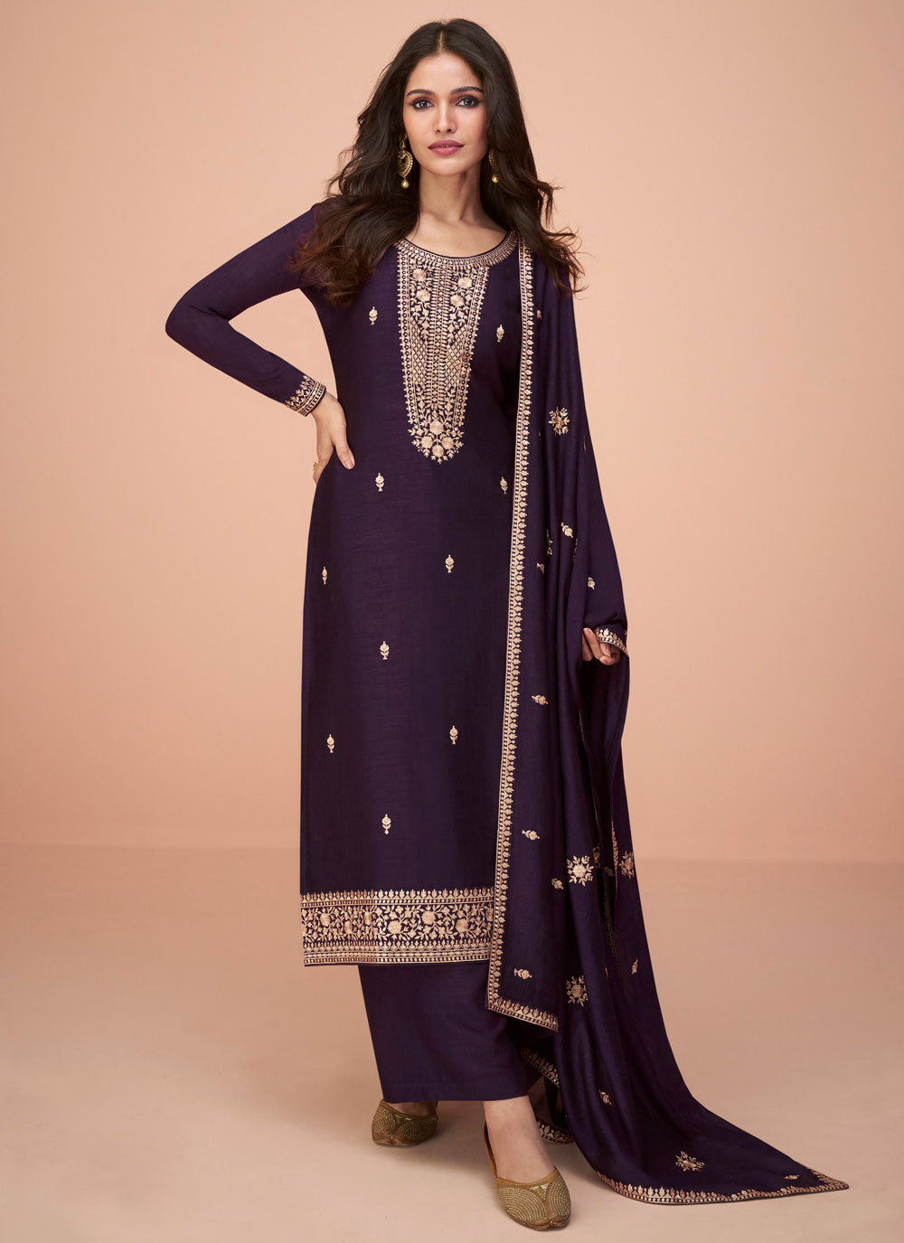 Purple Embroidered And Sequins Work Silk Salwar Suit