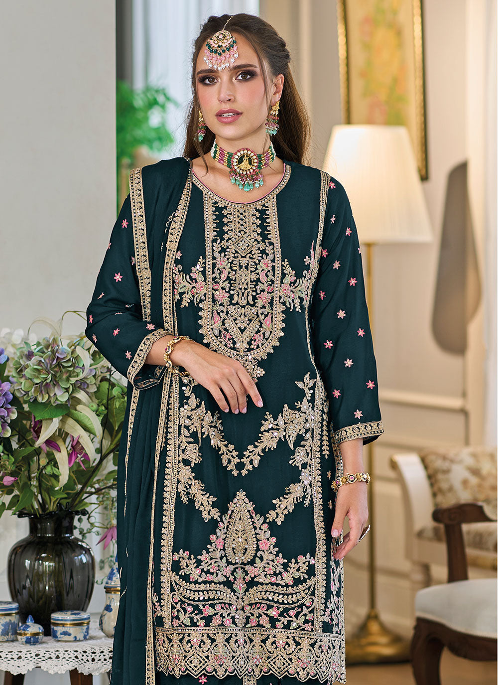 Chinon Readymade Salwar Suit With Embroidered, Mirror And Sequins Work