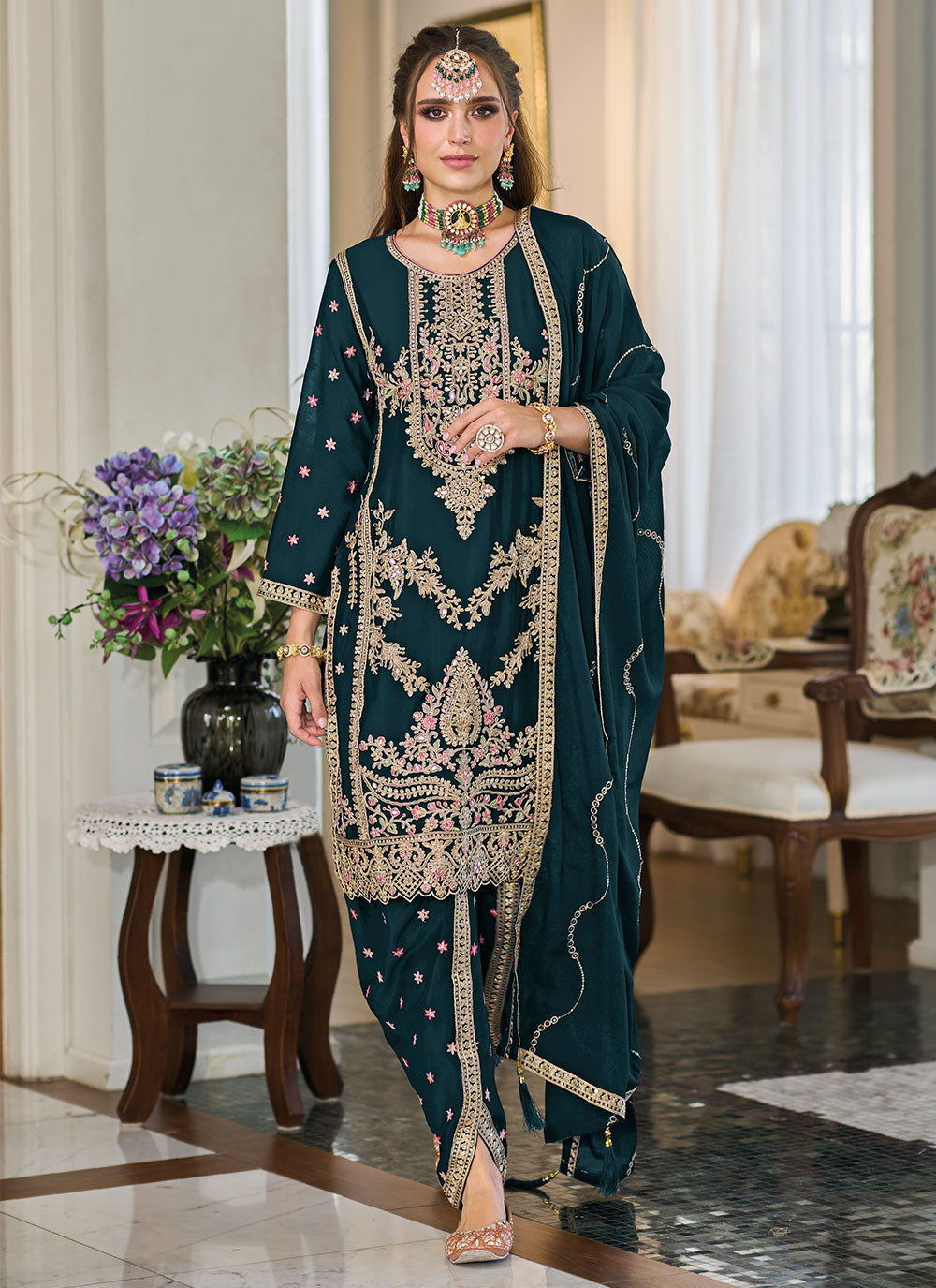 Chinon Readymade Salwar Suit With Embroidered, Mirror And Sequins Work