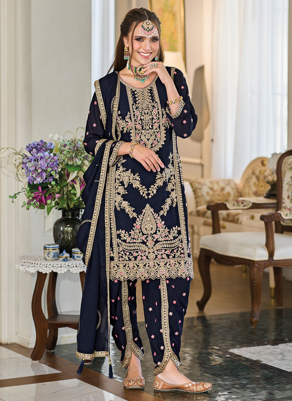 Embroidered, Mirror And Sequins Work Chinon Punjabi Suit In Blue For Engagement