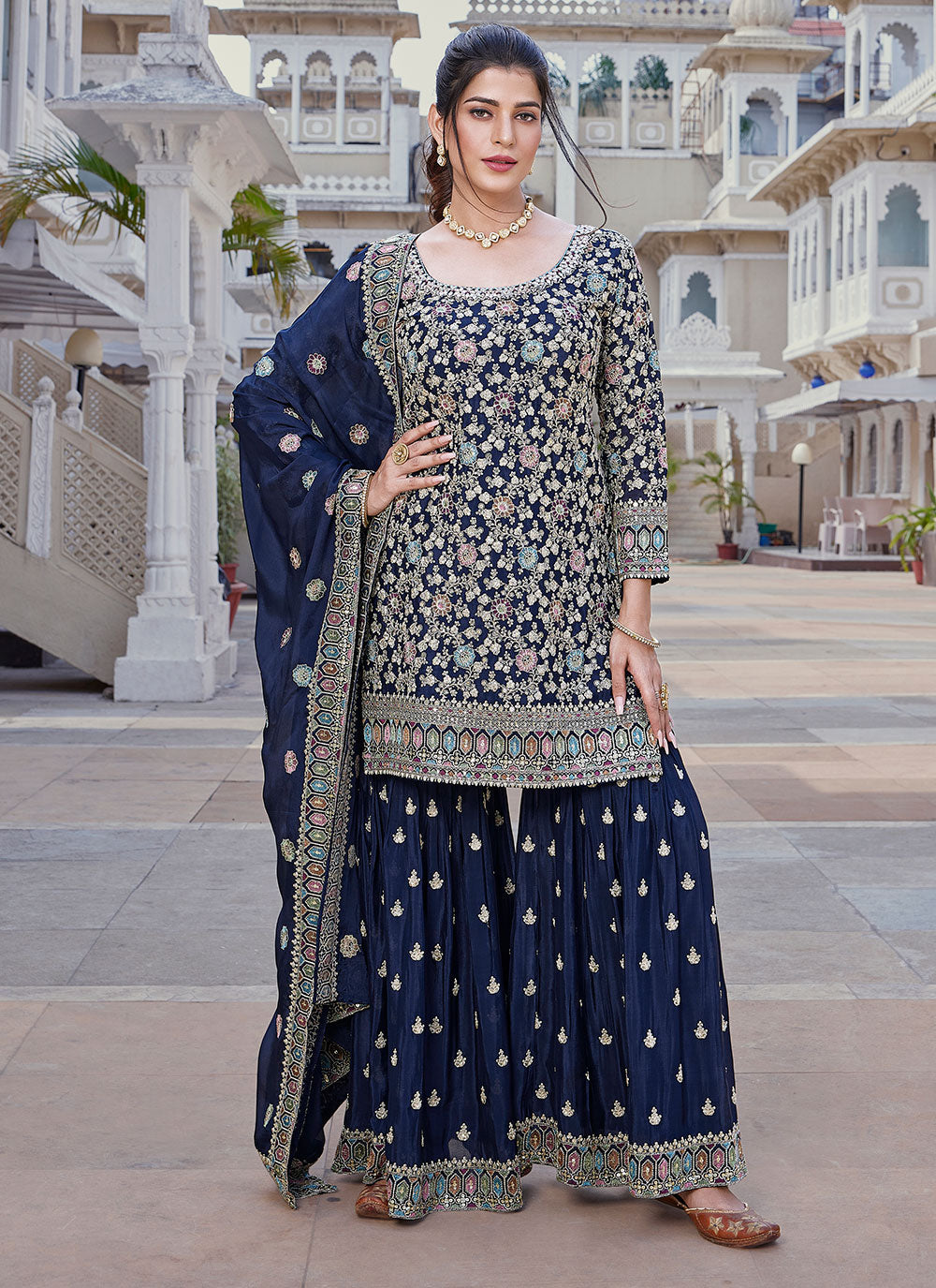 Blue Silk Embroidered Work Readymade Salwar Suit For Women