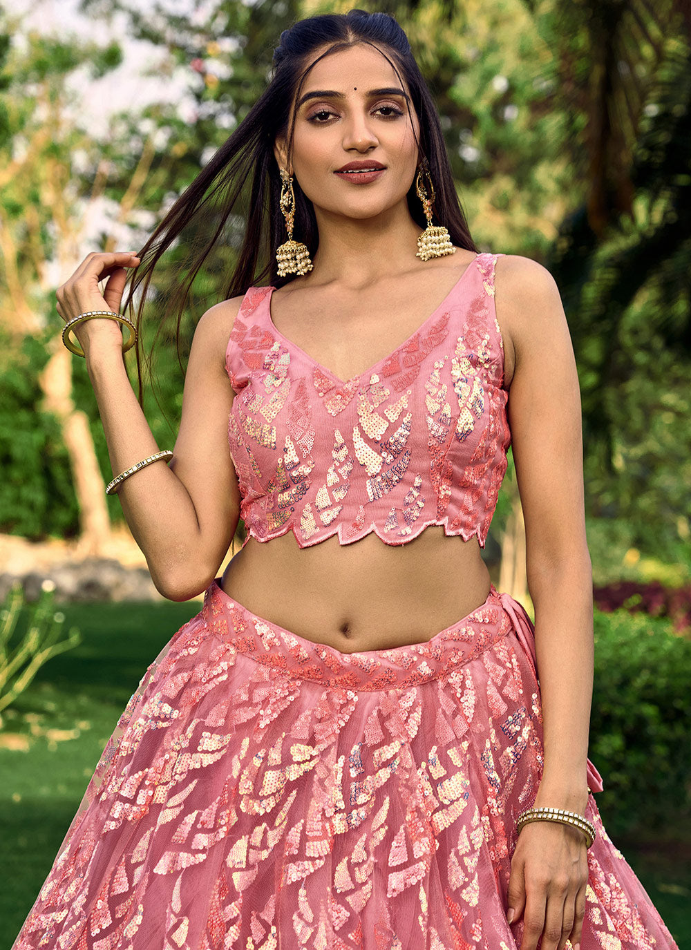 Pink Net A - Line Lehenga Choli With Embroidered, Sequins And Thread Work