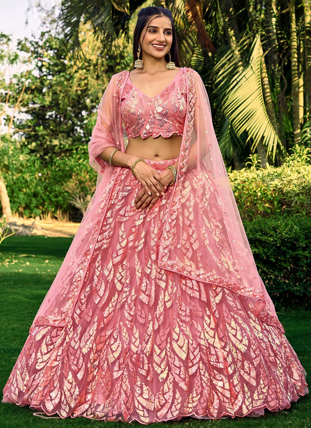 Pink Net A - Line Lehenga Choli With Embroidered, Sequins And Thread Work
